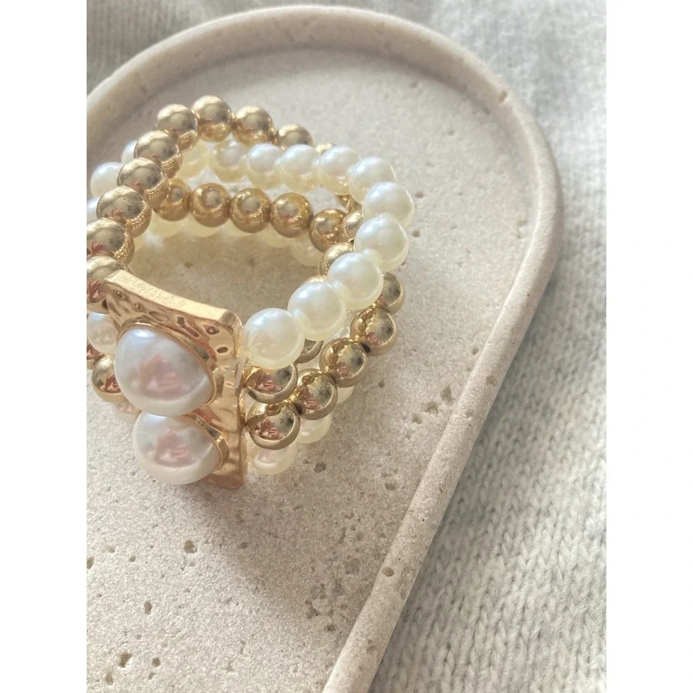 Gold Tone Faux Pearl Stretch Bracelet‎ Set Stacked Beaded Hammered Bold Glam